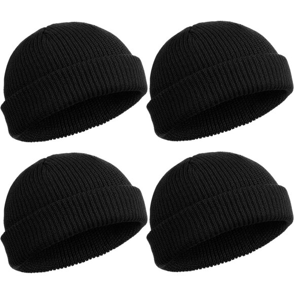 ⚡Unisex Black 4 Pieces Watch Hat Roll up Edge Skullcap Fisherman Beanie - Picture 1 of 1
